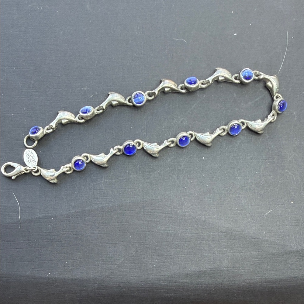 Blue Moonglow Glass cab Dolphin Silver tone Bracelet “Cool Jewels”